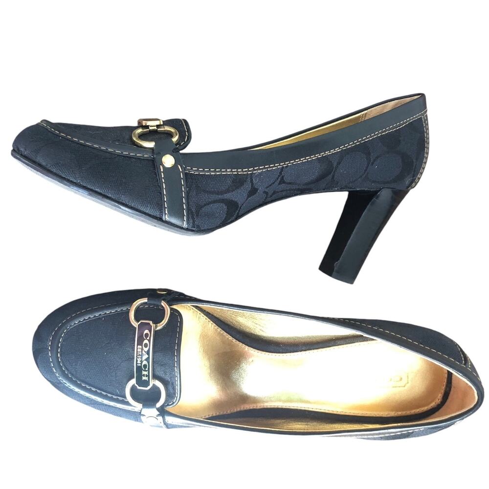 Coach "Charley" Black Jacquard Monogram Gold Horsebit Buckle Heels 9.5
